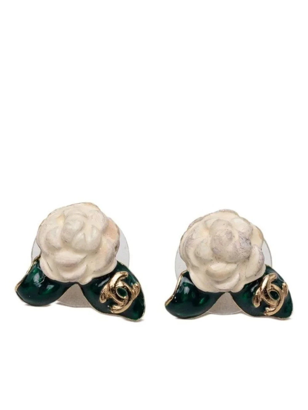 Chanel CC Logo Camellia Earrings Gold White Green Plated